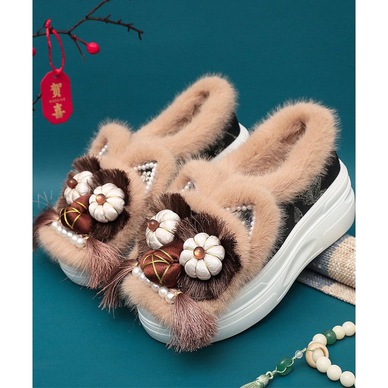 Handmade Splicing Tassel Nail Bead Platform Flat Shoes Coffee Fuzzy Wool Lined TQ039