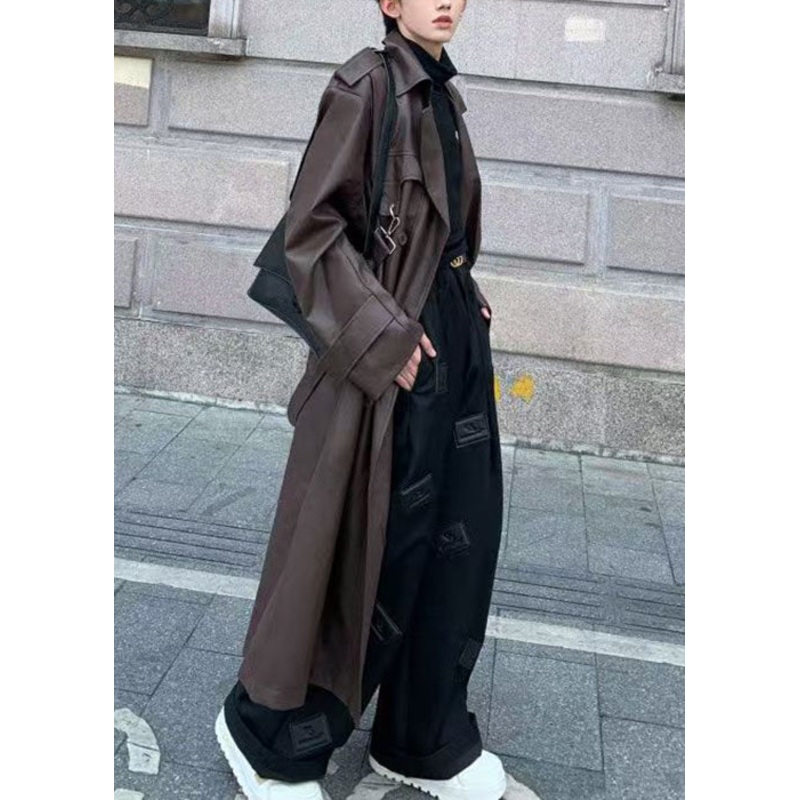 Italian Chocolate Button Tie Waist Faux Leather Mens Long Trench Coat Spring RN023