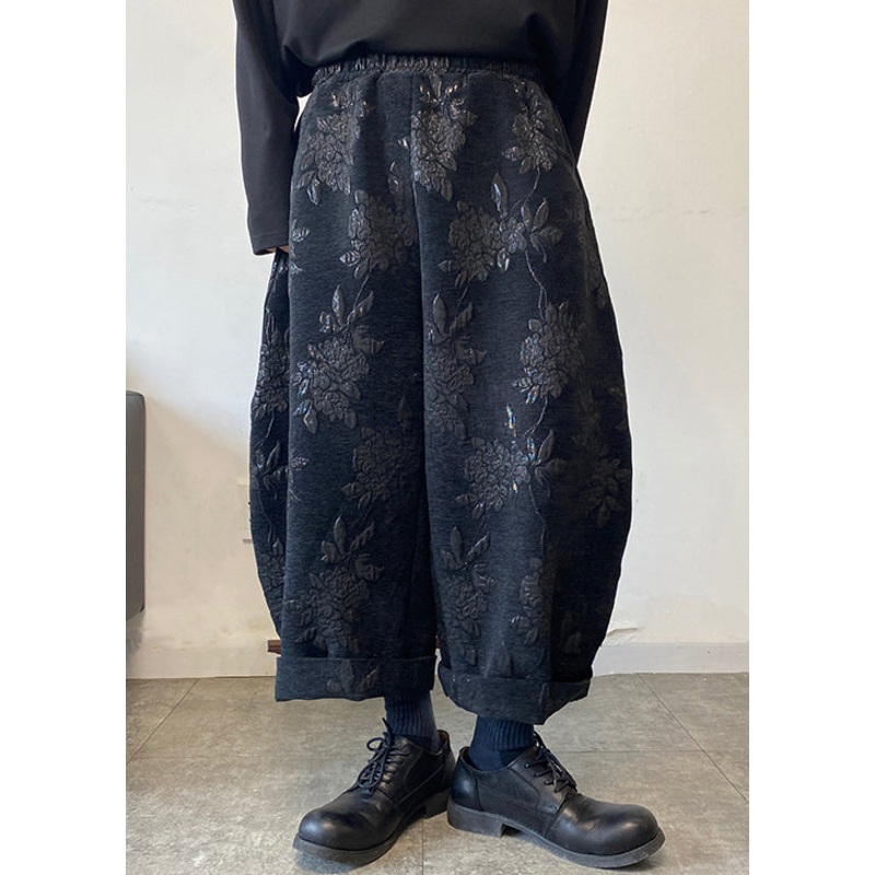 Jacquard Black Pockets Elastic Waist Men Crop Pants Spring RM026