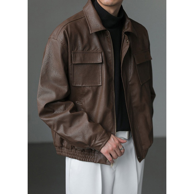 Loose Coffee Peter Pan Collar Pockets Faux Leather Men Coat Spring RN021