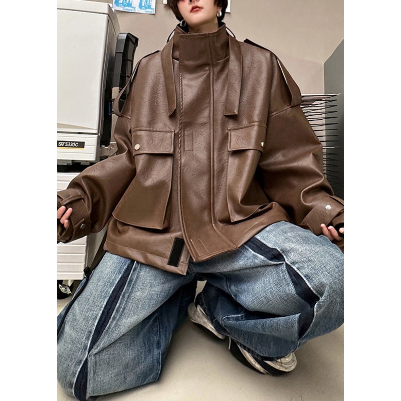 Loose Coffee Stand Collar Pockets Faux Leather Men Coat Spring RN029