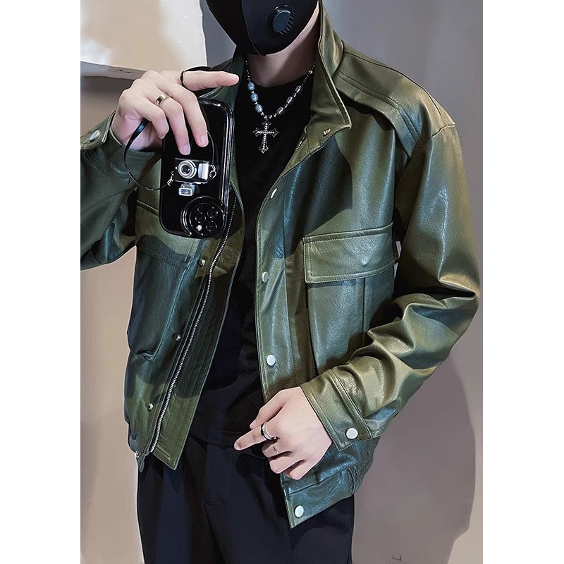 Modern Army Green Stand Collar Pockets Faux Leather Men Coats Spring RN018