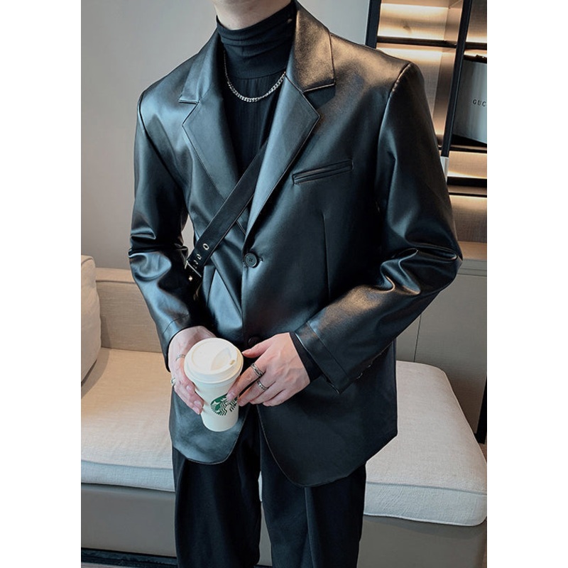 Modern Black Peter Pan Collar Button Faux Leather Mens Coats Spring RN030