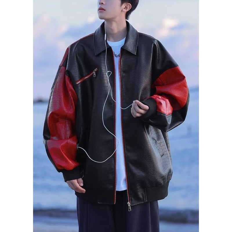 New Black Zip Up Letter Faux Leather Patchwork Mens Coats Spring RN027