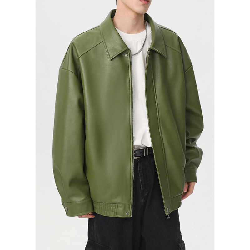 New Green Peter Pan Collar Zippered Faux Leather Men Coat Spring RN032