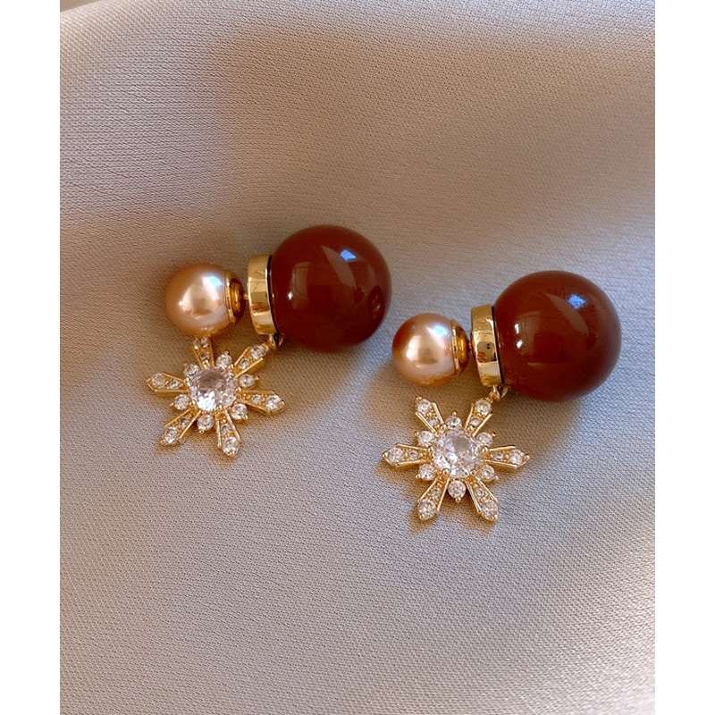 New Red Copper Zircon Pearl Snowflake Stud Earrings RB019