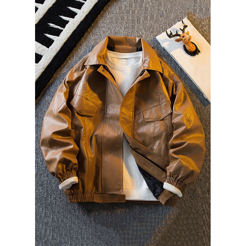 Original Brown Peter Pan Collar Solid Faux Leather Mens Coats Spring RN017