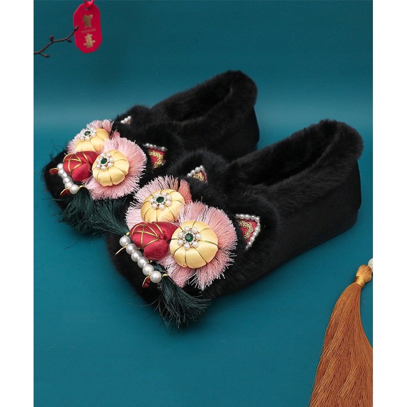 Pink Retro Nail Bead Splicing Flat Shoes Fuzzy Wool Lined TQ061