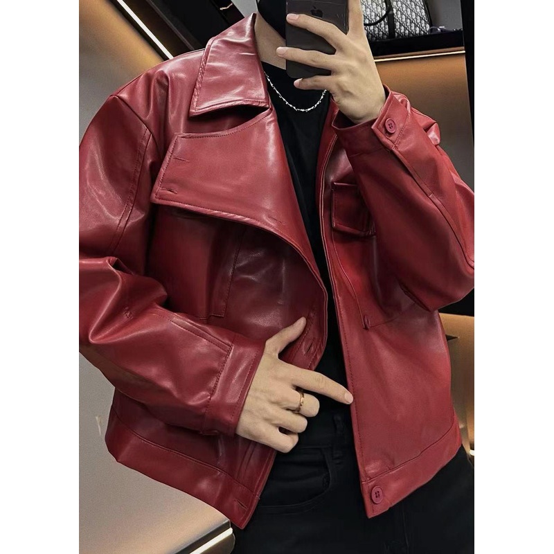 Plus Size Red Asymmetrical Button Faux Leather Mens Coats Spring RN019