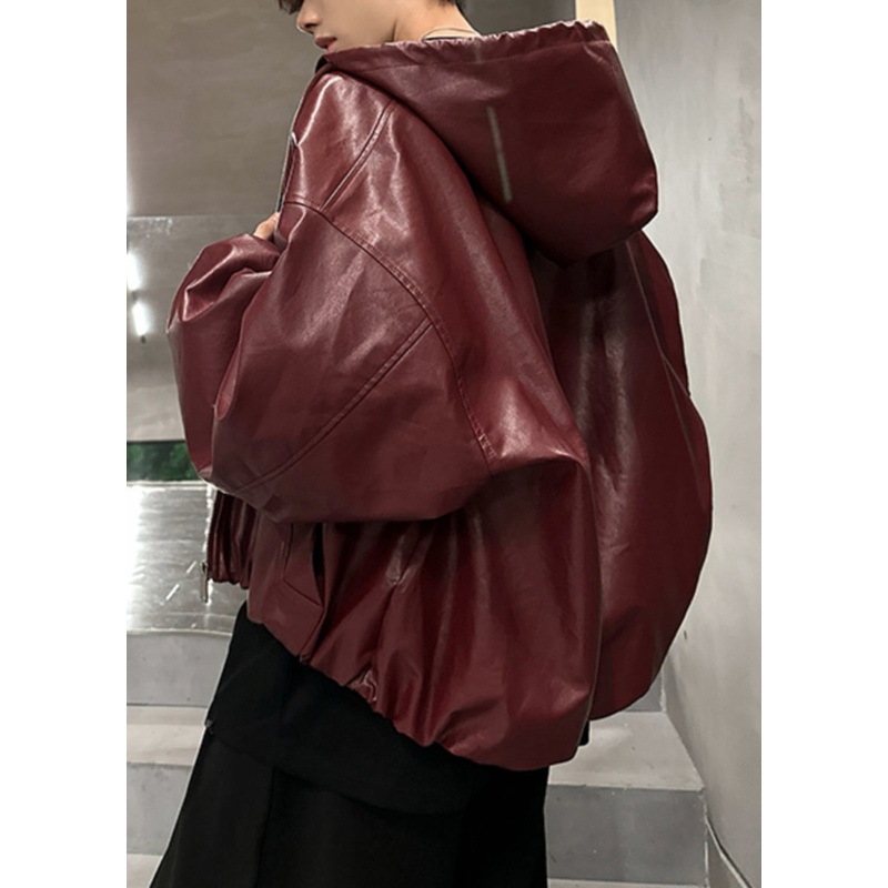 Plus Size Wine Red Hooded Zippered Faux Leather Men Coat Spring RN020