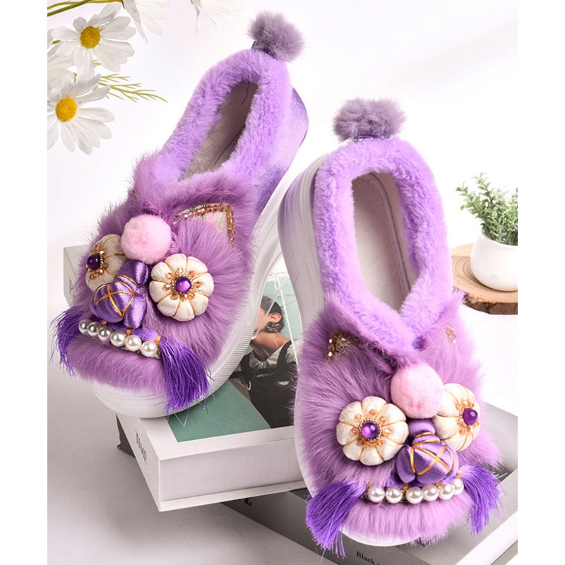 Purple Retro Handmade Fuzzy Wool Lined Splicing Platform Flats TQ055