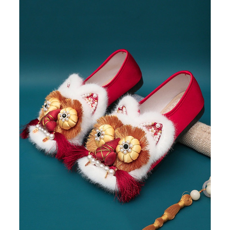 Red Flat Shoes Splicing Handmade Embroidery Nail Bead TQ044