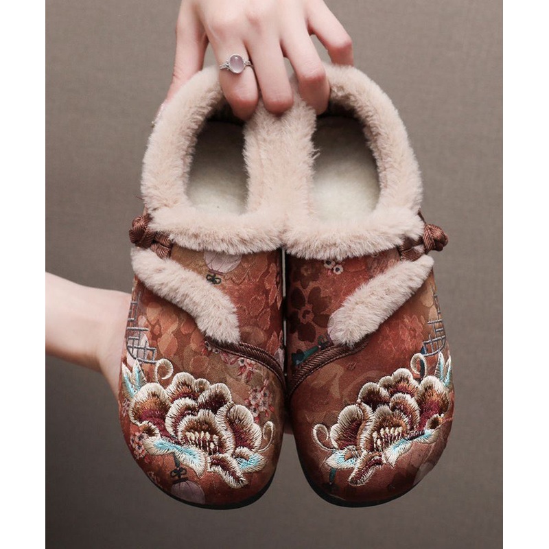 Retro Coffee Embroidery Flat Shoes Splicing Fuzzy Wool Lined TQ051