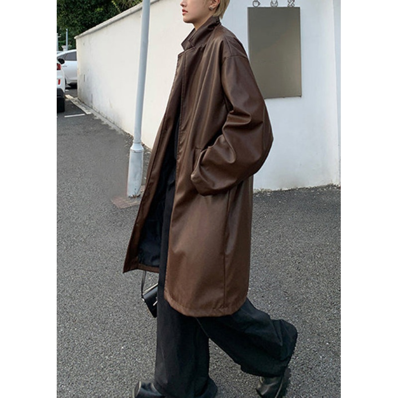 Simple Brown Peter Pan Collar Button Faux Leather Mens Coats Spring RN024