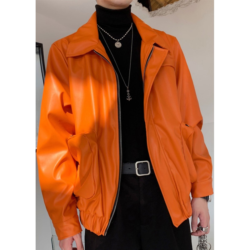 Simple Orange Zippered Pockets Faux Leather Mens Coats Spring RN031