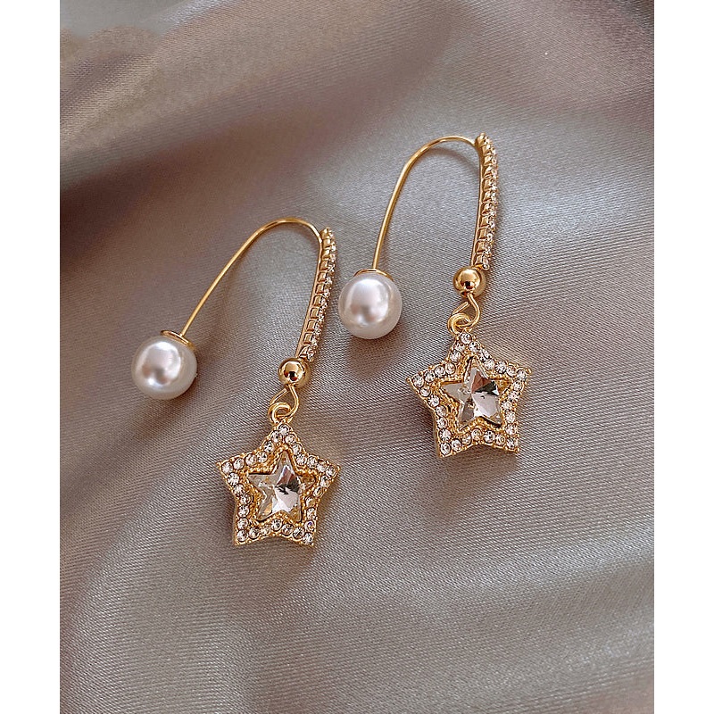 Skinny Gold Copper Alloy Pentagram Crystal Pearl Drop Earrings RB012