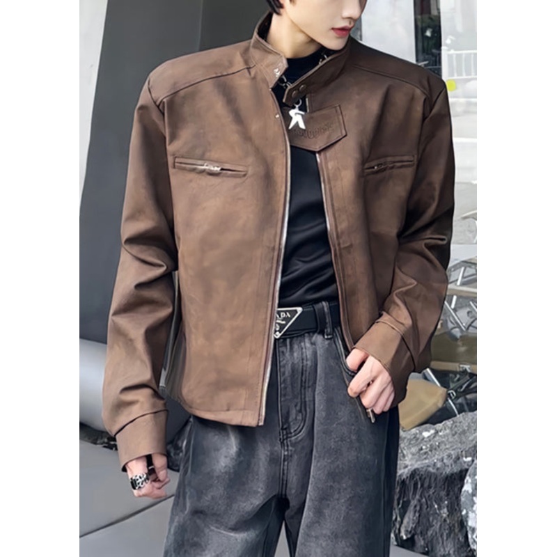Stylish Brown Stand Collar Zippered Faux Suede Mens Coats Spring RN034