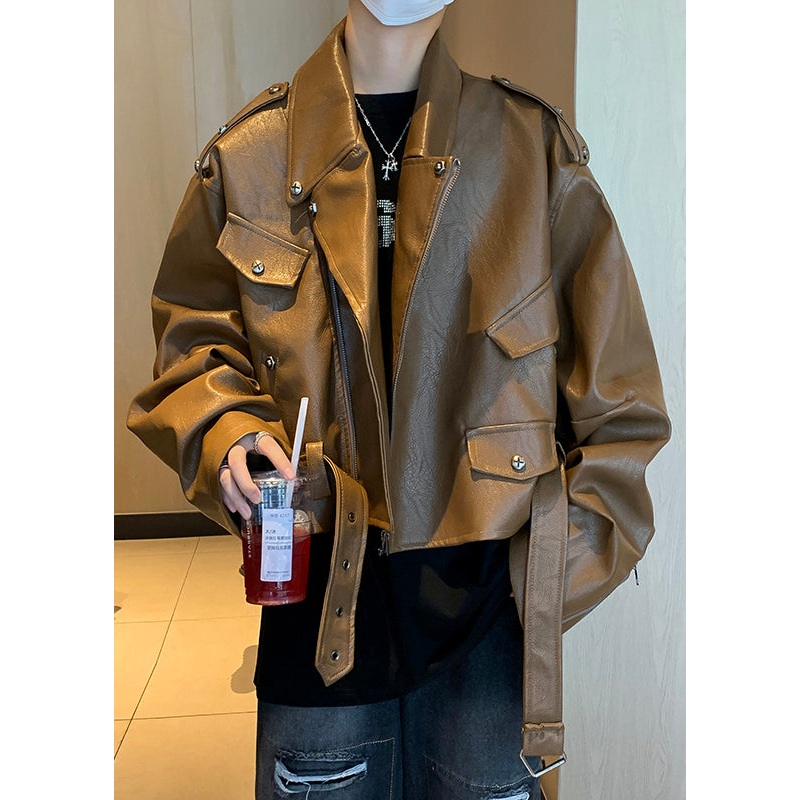 Unique Coffee Nail Bead Original Design Faux Leather Men Coat Spring RN026