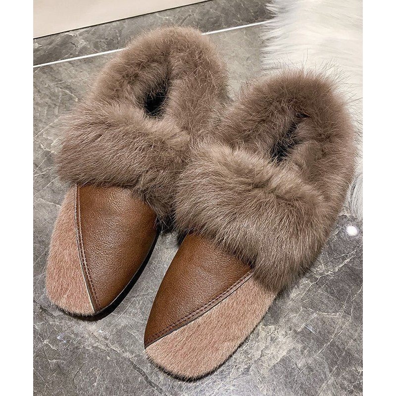 Unique Khaki Penny Loafers Splicing Fuzzy Wool Lined TQ062