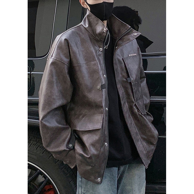 Vintage Brown Zip Up Pockets Faux Leather Men Coat Spring RN016