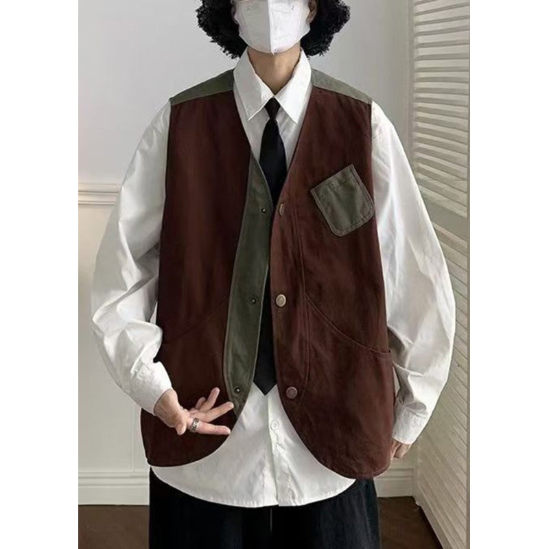Vintage Coffee V Neck Patchwork Cotton Men Waistcoat Spring RN005