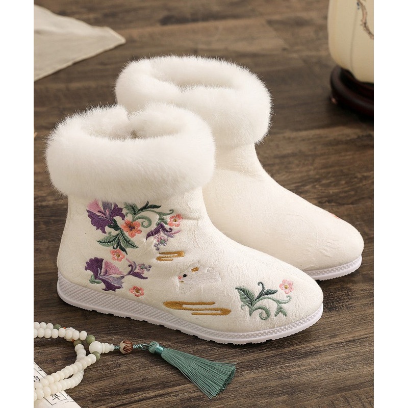 White Cotton Fabric Embroidery Splicing Chinese Style Boots TQ056