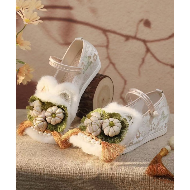 White Fur Splicing Embroidery Wedge High Wedge Heels Shoes TQ063