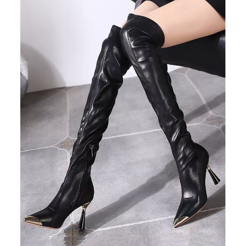Black Stiletto Faux Leather Stylish Splicing Knee Boots TE001
