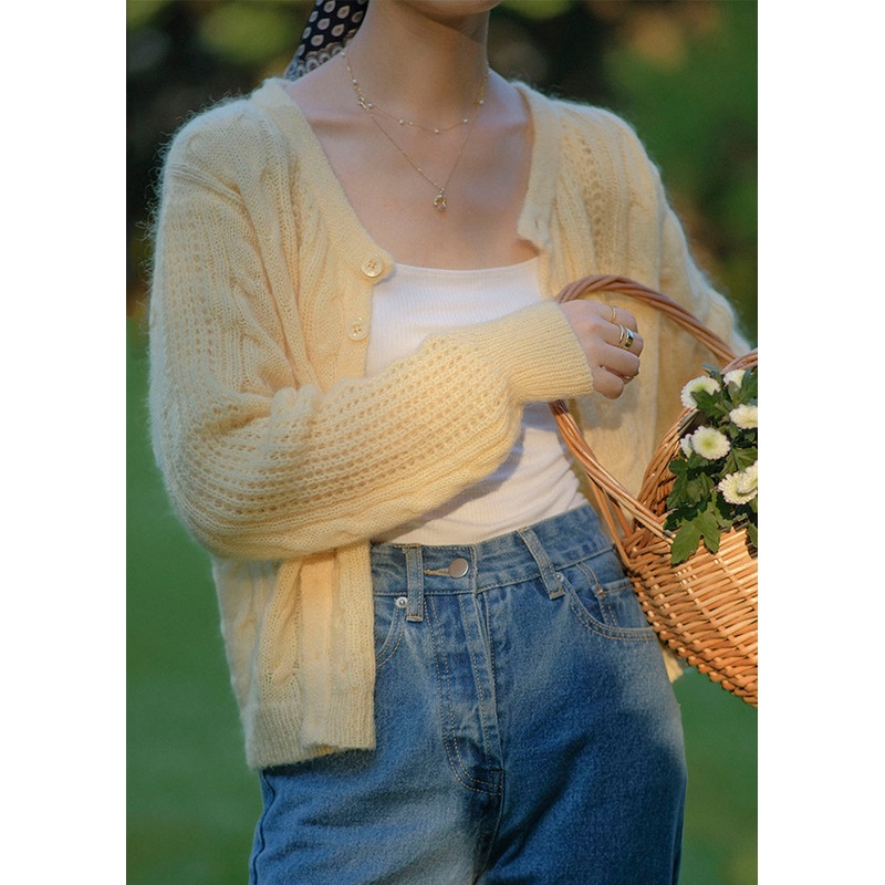 Boho Yellow Button Hollow Out Patchwork Knit Cardigan Fall TU034