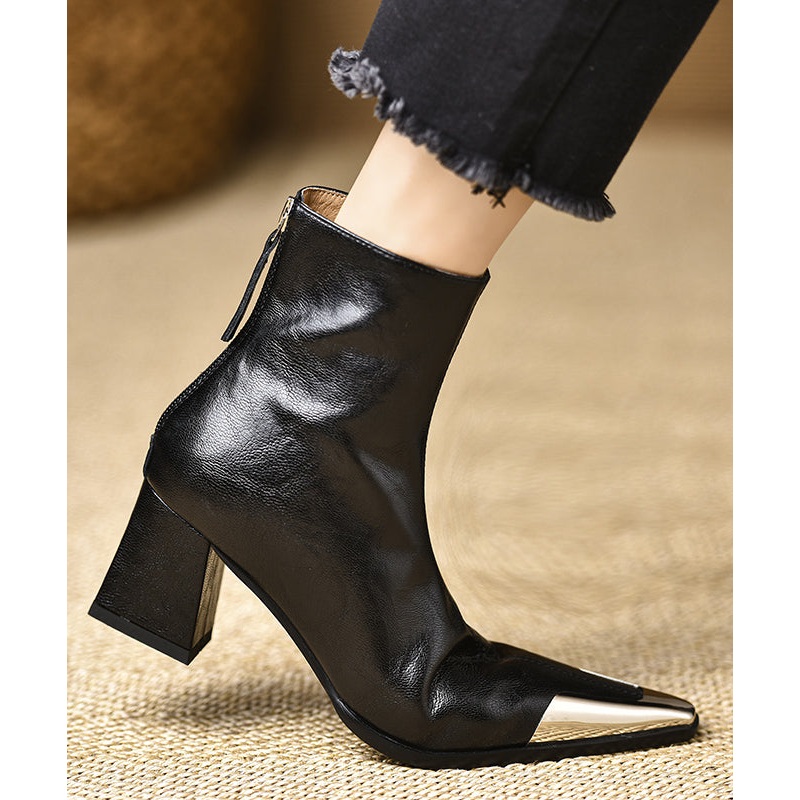 Boutique Black Cowhide Leather Splicing Chunky Boots Pointed Toe TE017