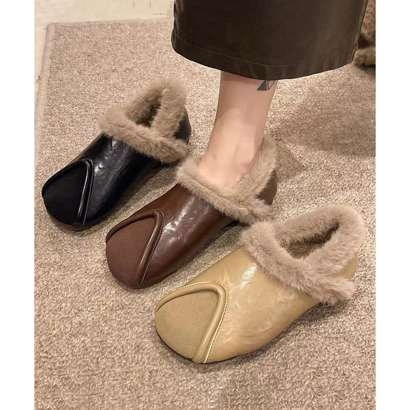 Casual Khaki Comfy Splicing Flat Feet Shoes Fuzzy Wool Lined TE021
