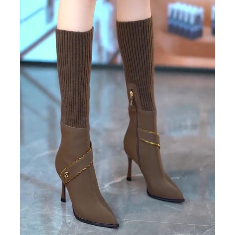 Chic Coffee Elastic Knitting Splicing Faux Leather Heel Boots TE024