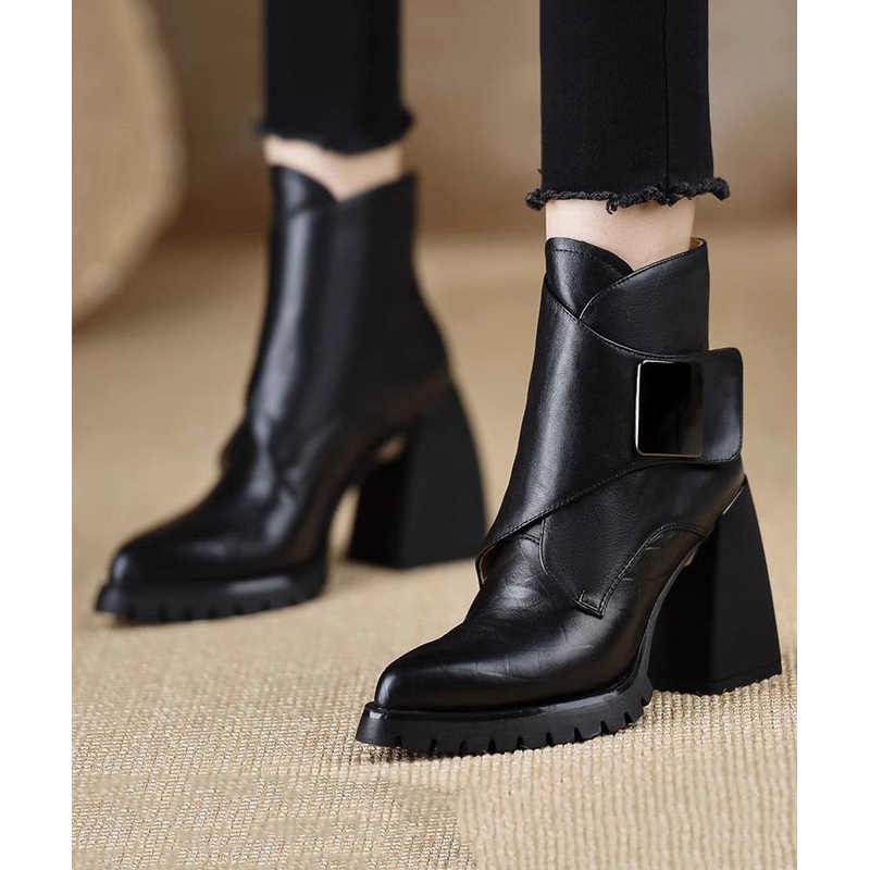 Classy Black Splicing Chunky Heel Ankle Boots TE016