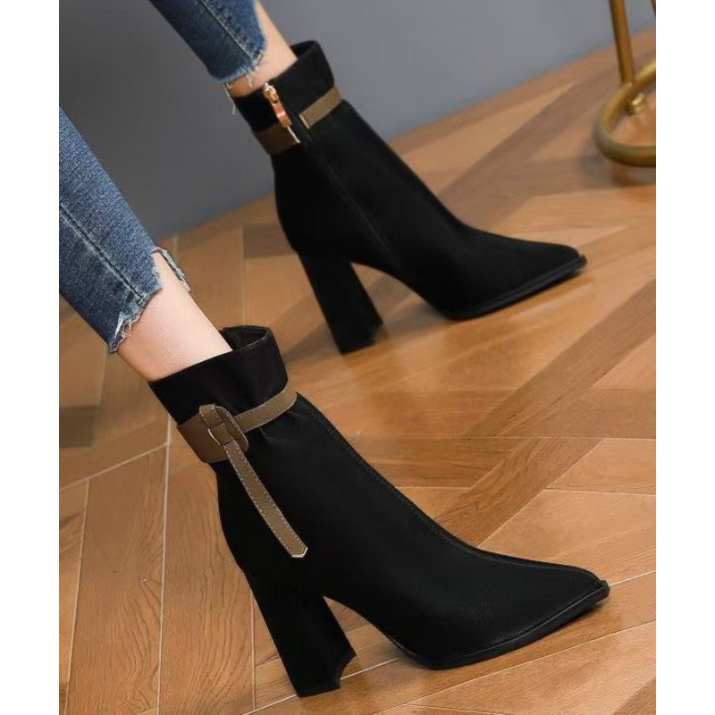 Elegant Black Faux Leather Splicing Boots Pointed Toe TE006
