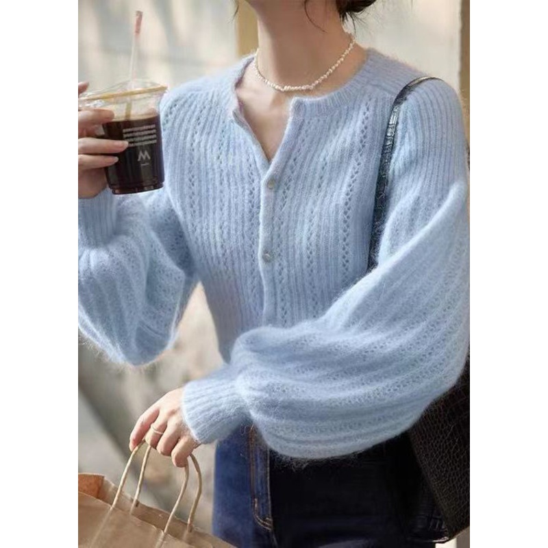 Elegant Blue Button Hollow Out Ma Hai Mao Sweaters Lantern Sleeve TU039