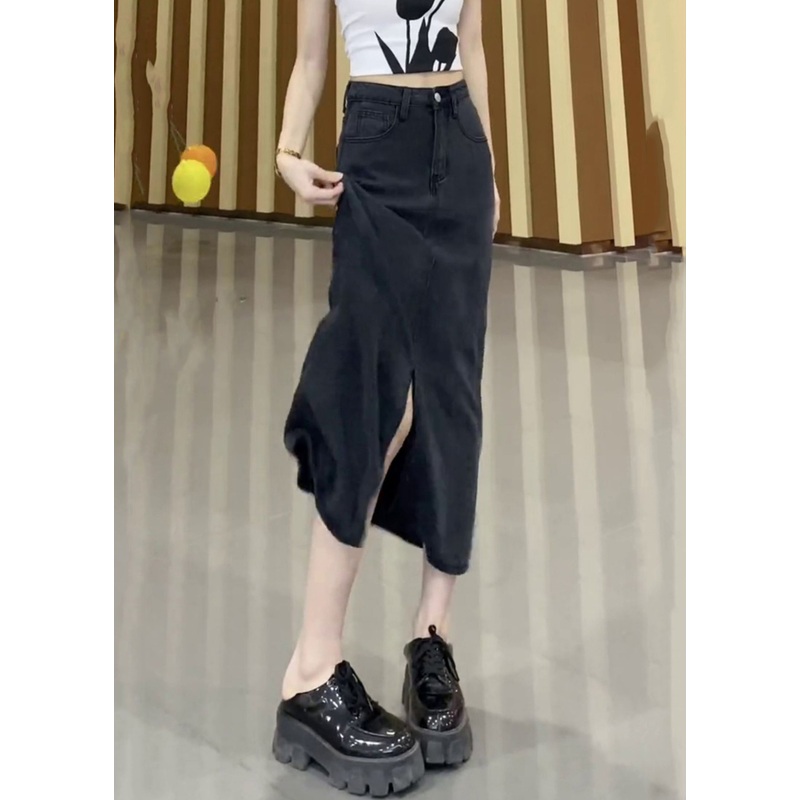 French Black Side Open High Waist Denim Skirt Fall TU029