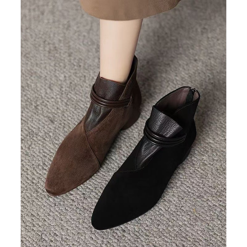 French Brown Suede Splicing Ankle Boots Pointed Toe TE023