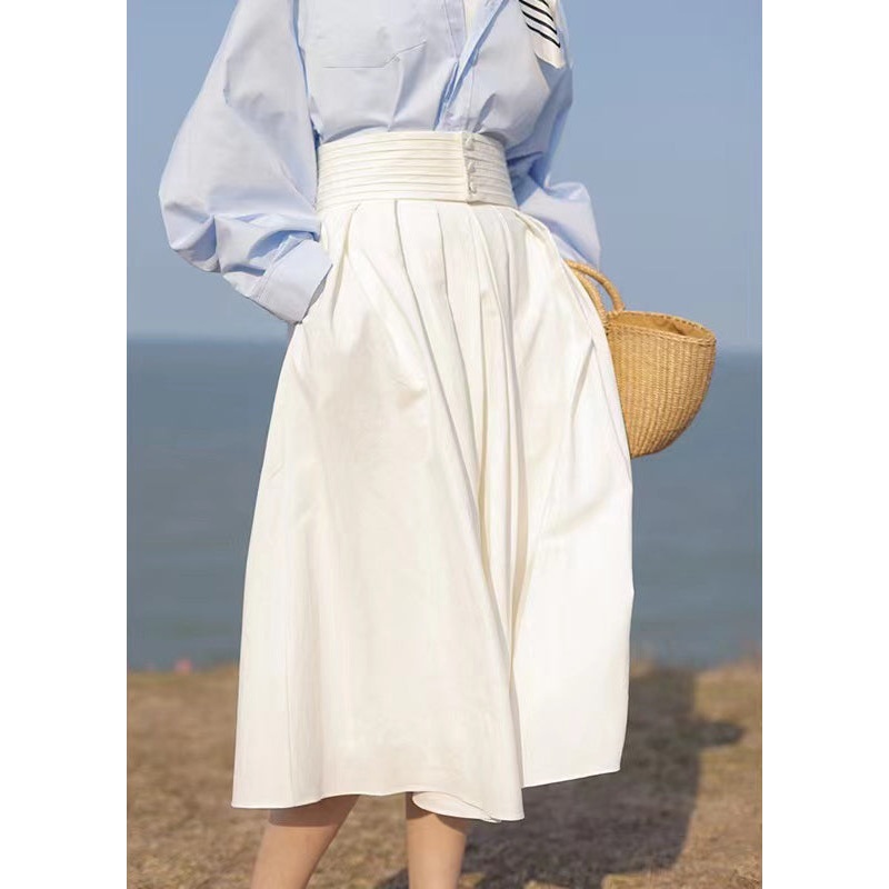 French White High Waist Pockets Patchwork Cotton Skirt Fall TU050