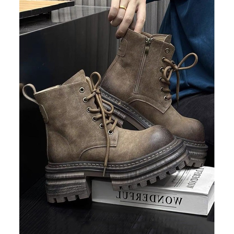 Khaki Chunky Faux Leather New Splicing Lace Up Boots TE011