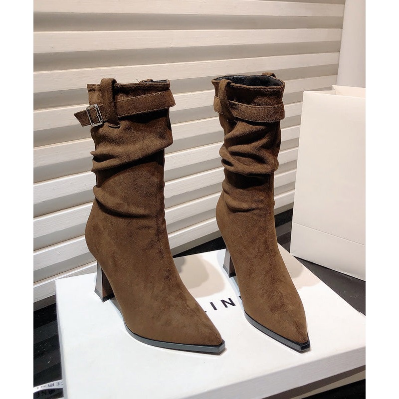 Khaki Wrinkled Splicing Suede Chunky Boots Pointed Toe TE008
