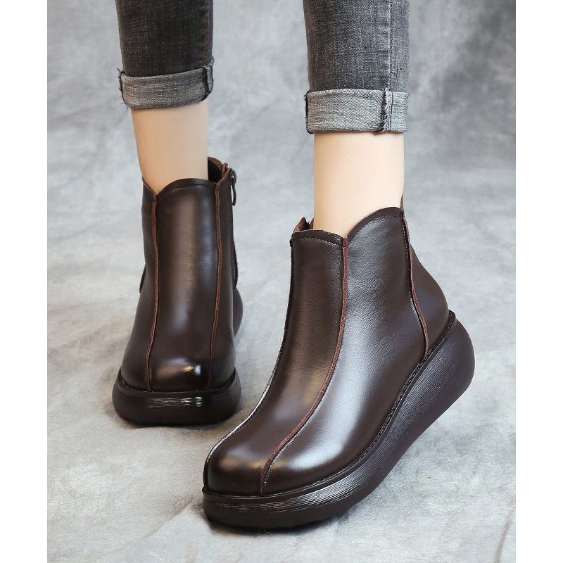 Retro Brown Cowhide Leather Splicing Platform Ankle Boots TE020