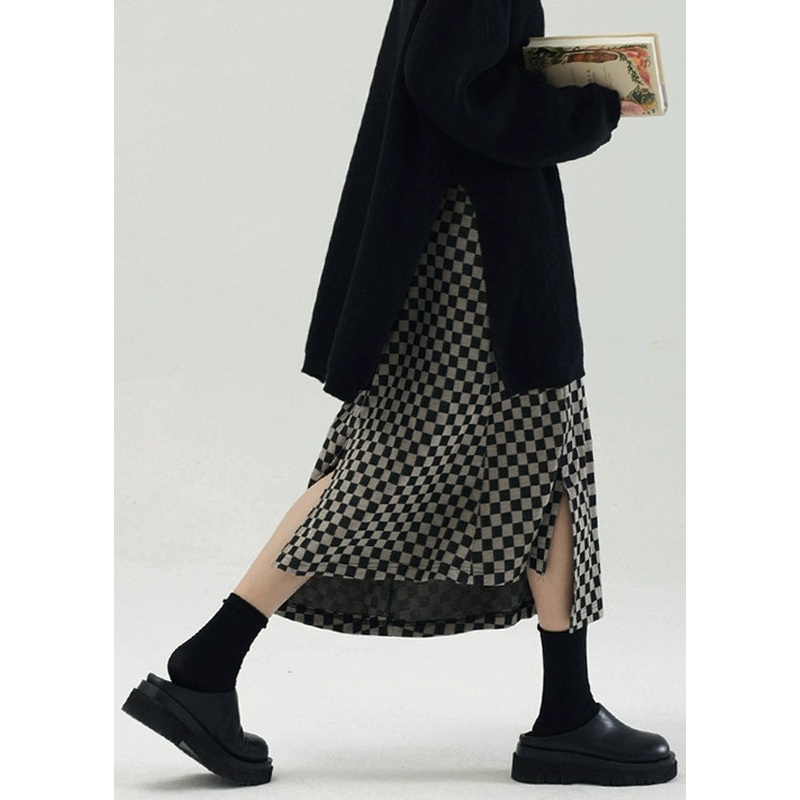 Vintage Plaid Side Open High Waist Cotton Skirt Fall TU021