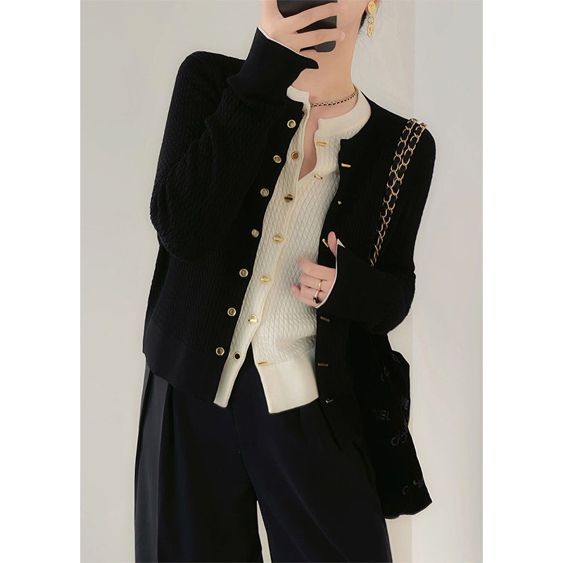 Women Black O Neck Button Patchwork Knit Cardigan Fall TU040