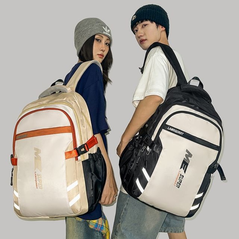 Buckled Lettering Backpack|Black|Black & White|Gray|Khaki|One Size