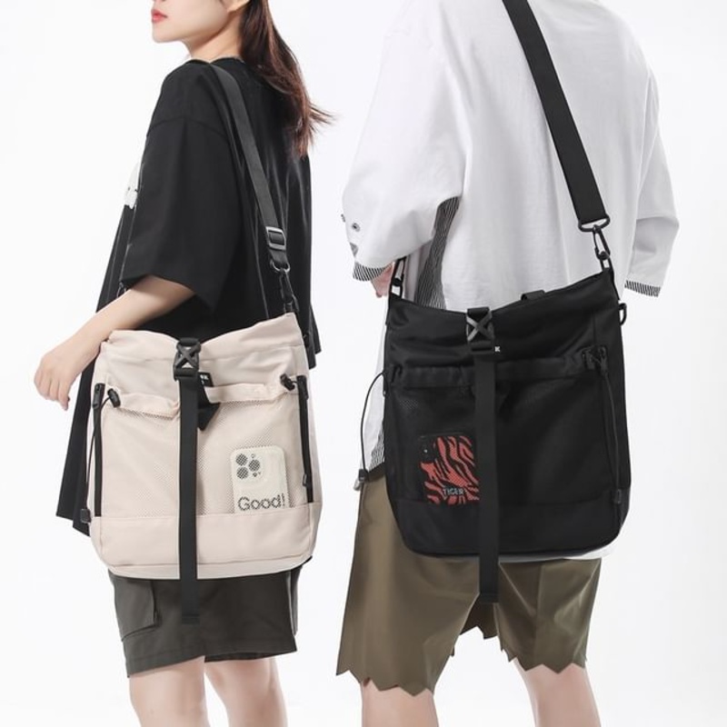 Nylon Mesh Panel Crossbody Bag Buckled