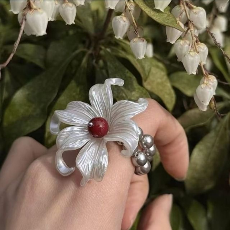 Pearl Faux Alloy Elastic Floral Ring