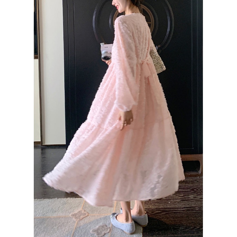 Beautiful Pink O-Neck Patchwork Lace Long Dress Spring TA039