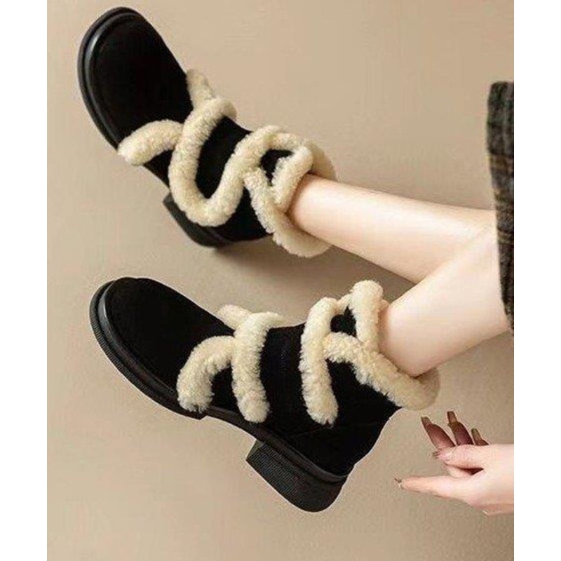 Black Splicing Suede Chunky Boots Fuzzy Wool Lined TP015