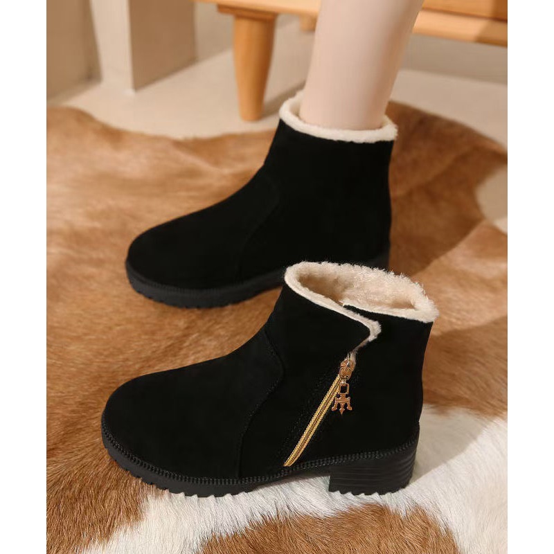 Black Zippered Splicing Chunky Boots Fuzzy Wool Lined TP006