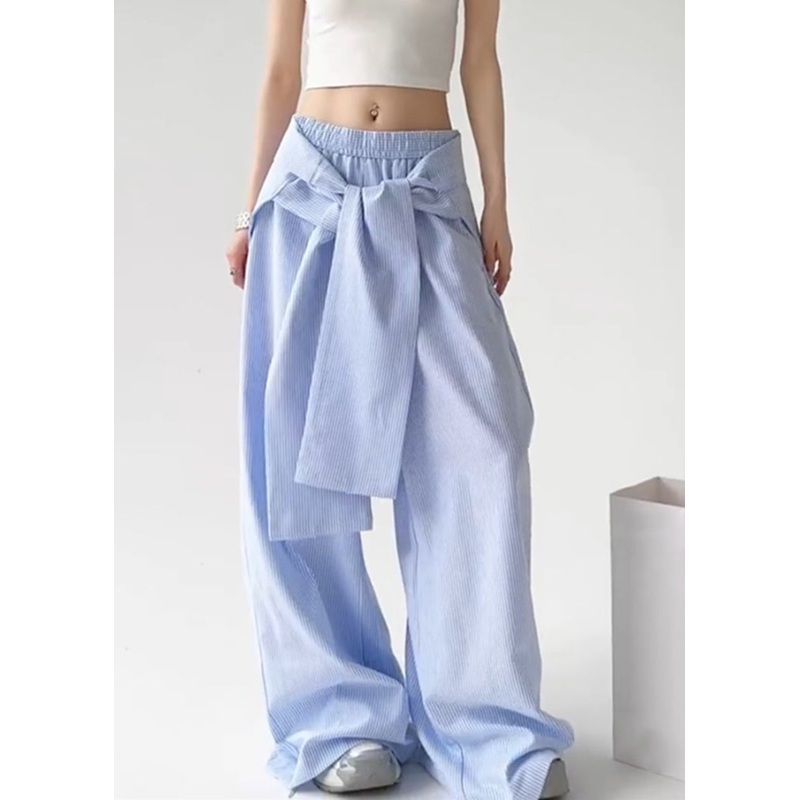 Boho Blue Tie Waist Detachable Striped Straight Pants Spring TA057